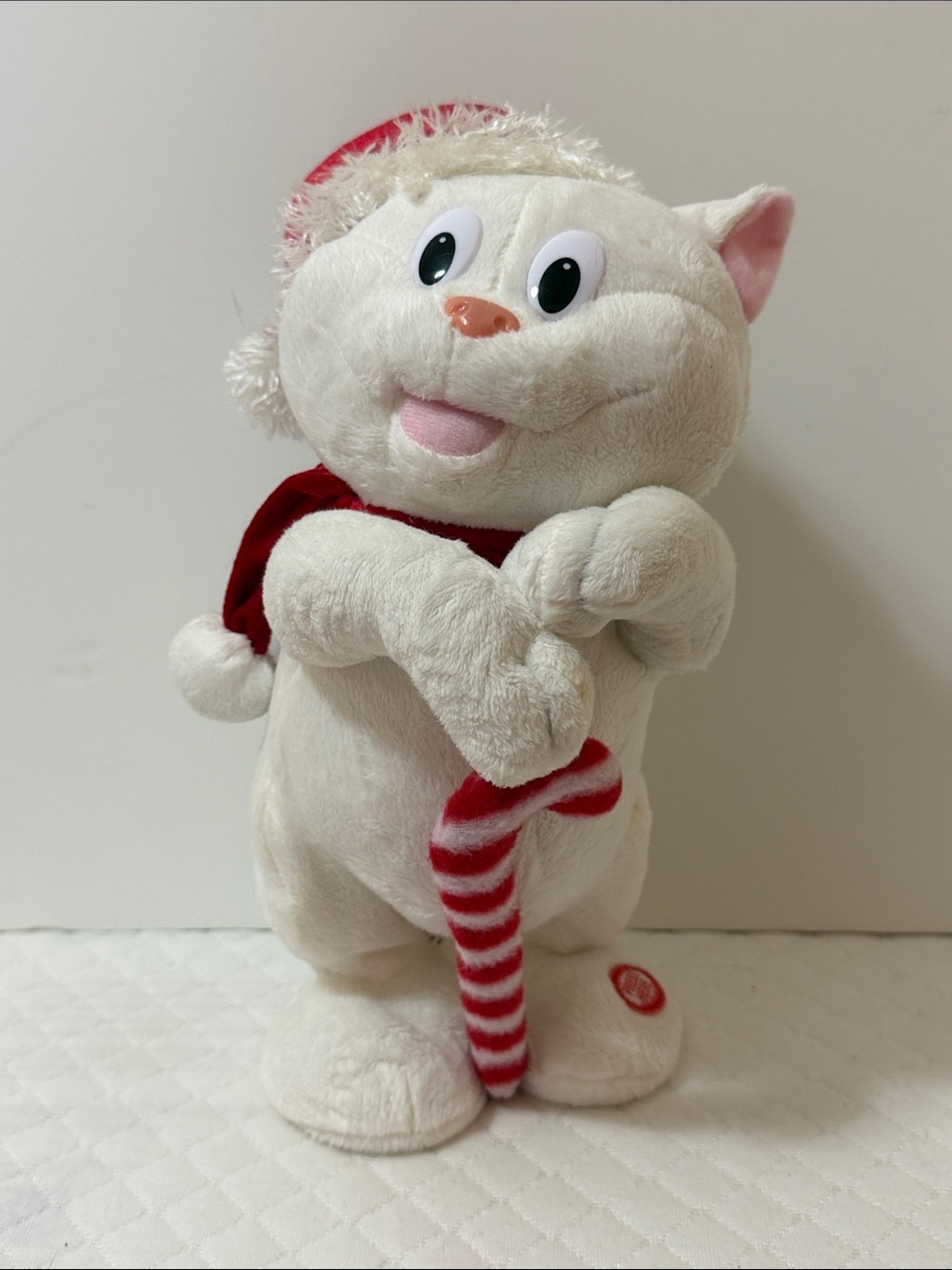 Moving Plush White Cat Holiday Toy with Red Scarf and Candy Cane. NWOT. 11” High